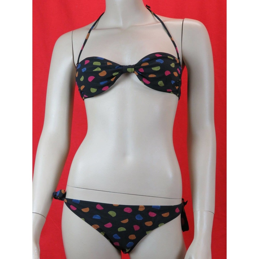 NEW PRADA BLACK MULTI POLKA DOT NYLON LOGO HALTER STRAP 2 PCS SWIMSUIT 44 ITALY